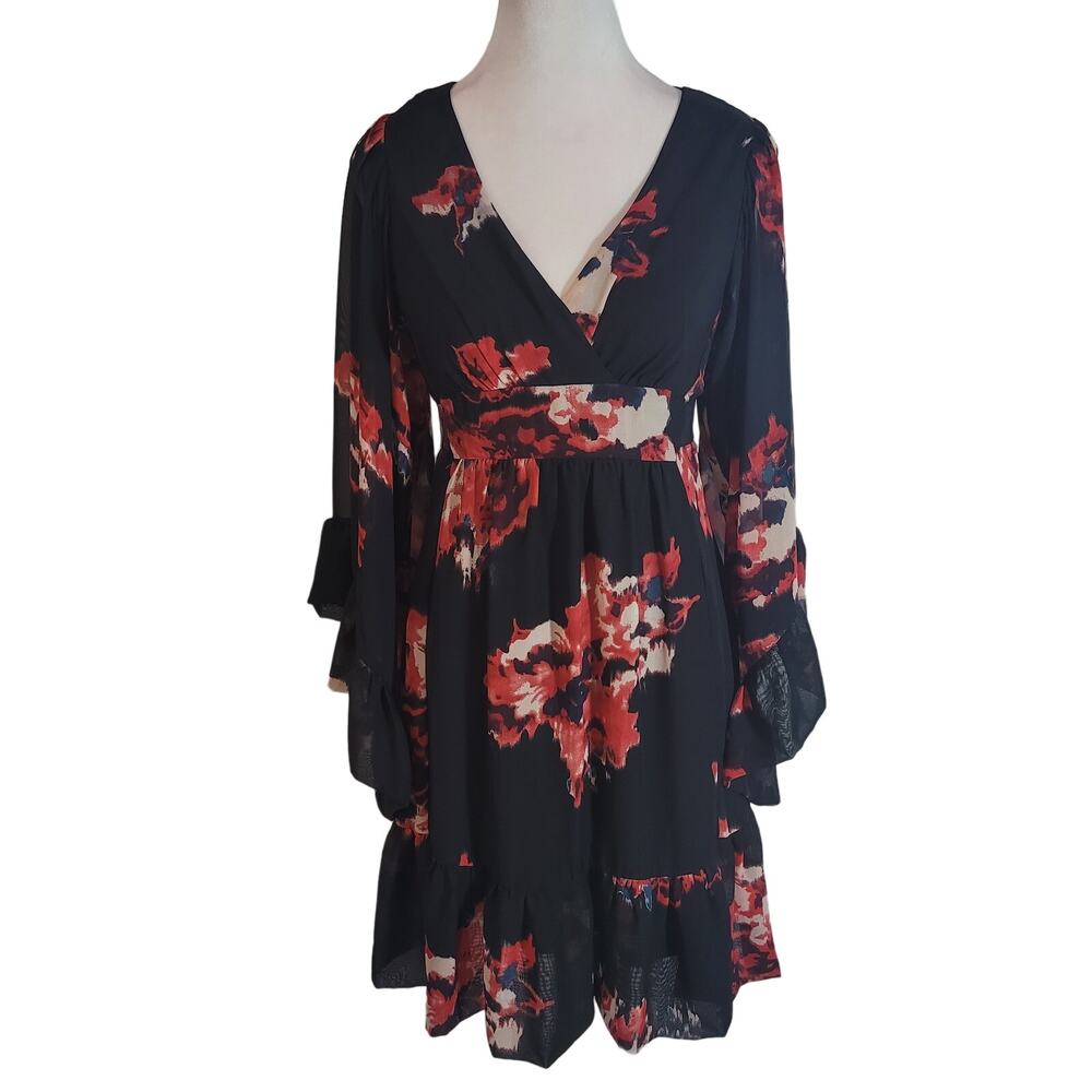 Betsy Johnson Size 2 Bambi Black Floral Bell Sleeve Ruffle Mini Dress Feminine‎